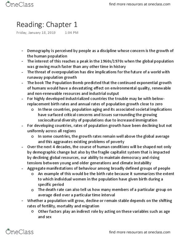 SOCI 234 Chapter Notes - Chapter reading chapter 5: The Population Bomb, Exponential Growth, Population Ageing thumbnail